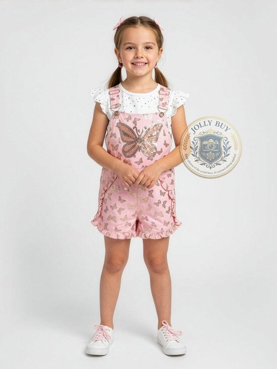 Little Lass Other - Little Lass Girls 2-Piece Set Denim Ruffled Overall Romper Shorts Shirt Coral